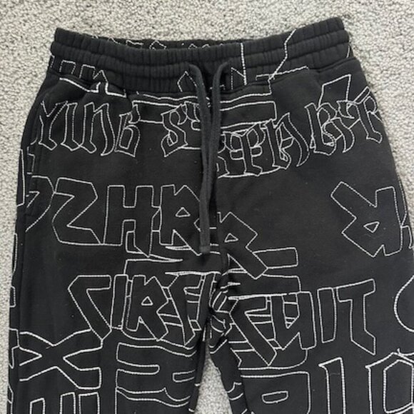Black All Over Embroidered Stitched Graphic Messaging Drawstring Joggers -Size S - Picture 2 of 9